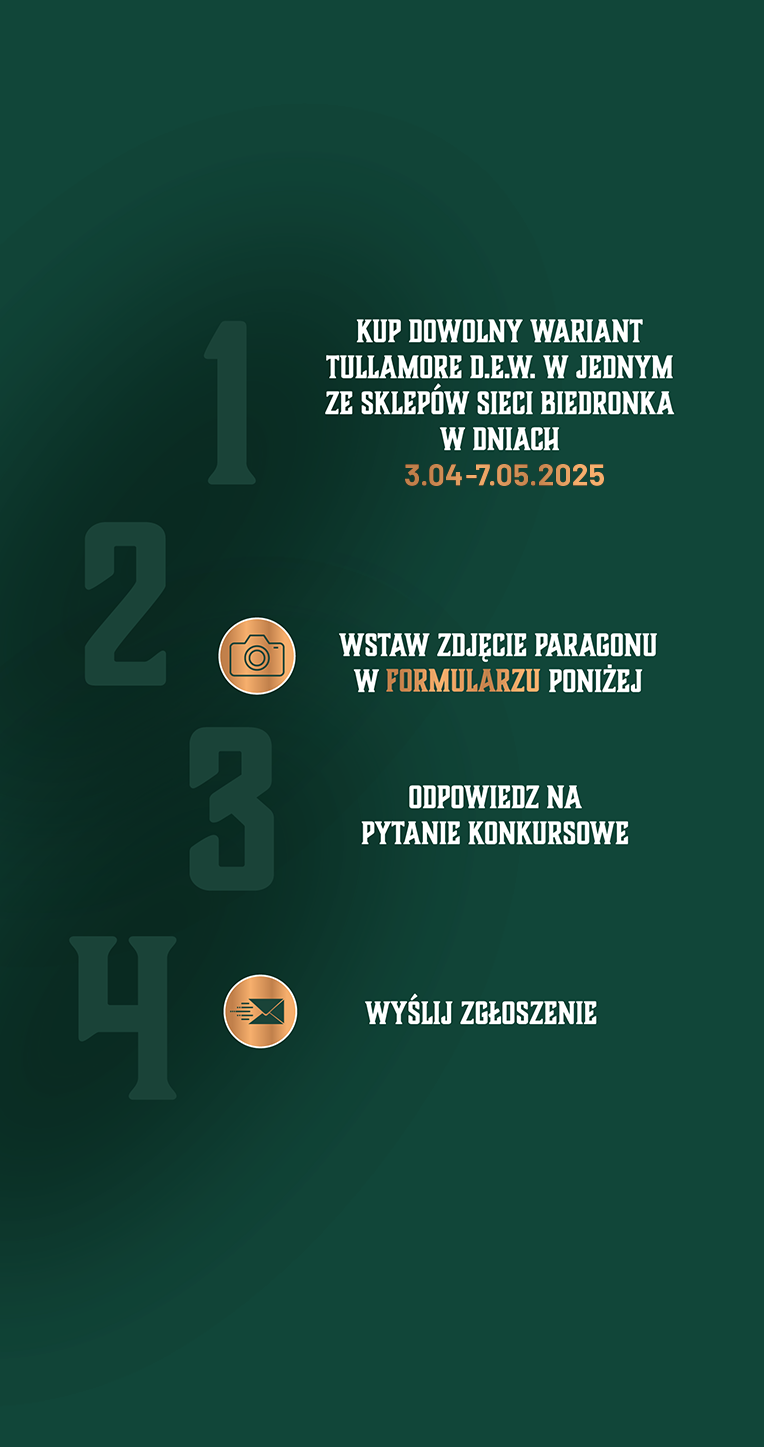 1. Kup dowolny wariant Tullamore D.E.W. w jednym ze sklepów sieci Biedronka w dniach 3-30.04.2025 2. Wstaw zdjęcie paragonu w formularzu poniżej 3. Odpowiedz na pytanie konkursowe 4. Wyślij zgłoszenie
